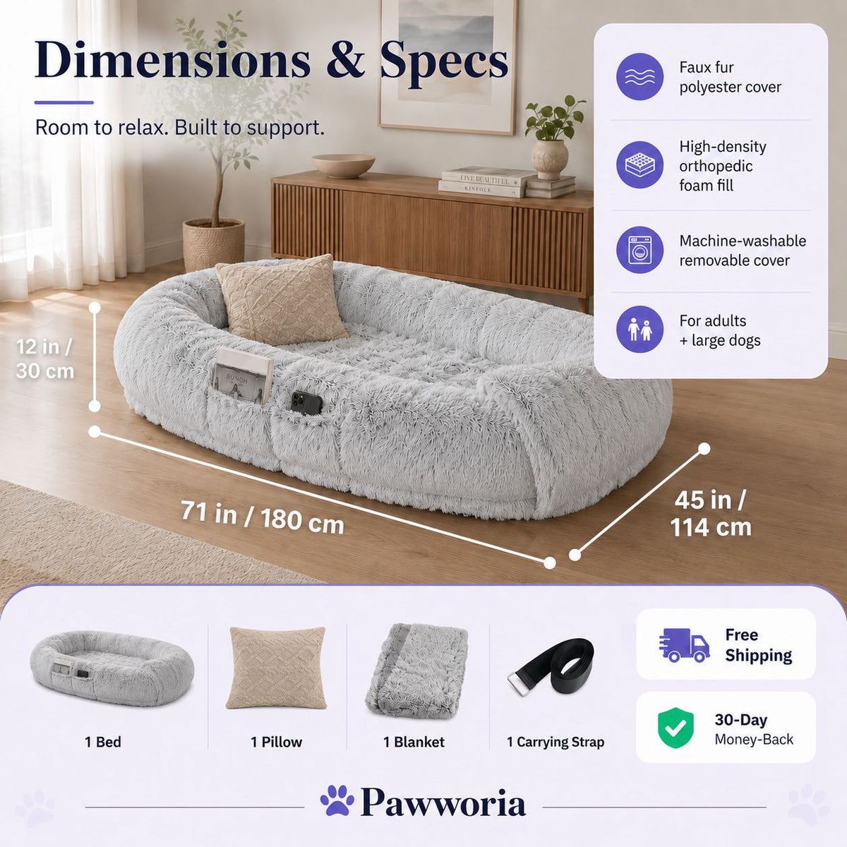 Orthopedic Human Dog Bed – Pillow & Blanket Set