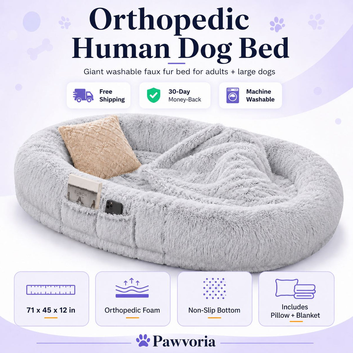 Orthopedic Human Dog Bed – Pillow & Blanket Set