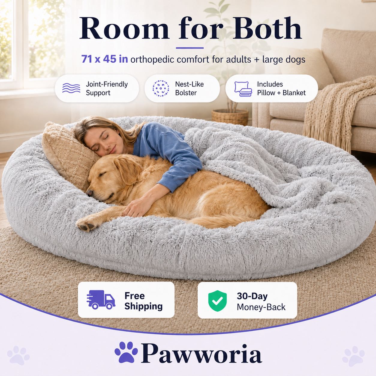 Orthopedic Human Dog Bed – Pillow & Blanket Set